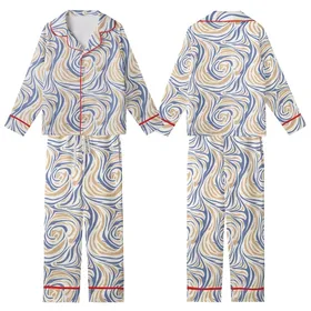 Modern Explorer: Tranquil Abstract Fluid Lines Pattern – Dusty Indigo Beige Wearable Art Print Kid Satin Pajamas Set