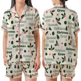 Christmas Crew Retro Groovy Holly Ornament Star Text Pattern Satin Short-Sleeve Pajamas Set