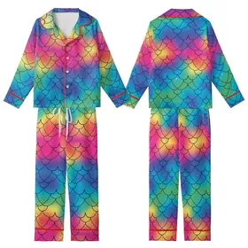 Fantasy Lovers' Fluid Iridescent Rainbow Dragon Scales Seamless Pattern Ocean to Fire Hues Kid Satin Pajamas Set