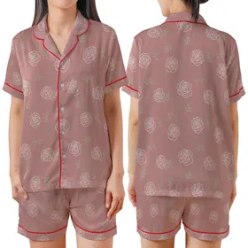 Bridesmaid Dusty Rose Silky Satin Sleep Set: Personalized White Rose Eye Mask & Scrunchie Satin Short-Sleeve Pajamas Set