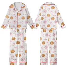Girls' Watercolor Pancakes & Pink Bow Pajamas Sleep Set Kid Satin Pajamas Set