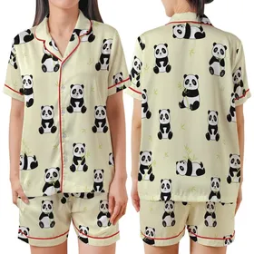 Women's Whimsical Panda & Bamboo Print Creamy Yellow Pure Cotton Pajamas Set Satin Short-Sleeve Pajamas Set