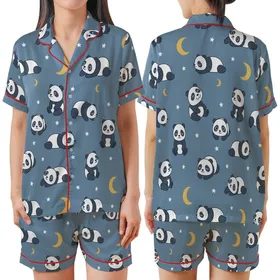 Cozy Panda Print Sleep Set: Whimsical Cartoon Design with Stars & Moons on Blue-Grey Satin Short-Sleeve Pajamas Set