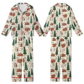 Whimsical Forest Slumber: Hand-Drawn Storybook Woodland Creatures Pattern Kid Satin Pajamas Set