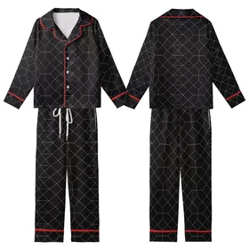 Modern Minimalists' Deep Black Crisp White Geometric Interlocking Grid Pattern Kid Satin Pajamas Set