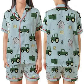 Farm Life Enthusiasts' Light Blue Hand-Drawn Minimalist Farm Vehicle Barn Pattern Satin Short-Sleeve Pajamas Set