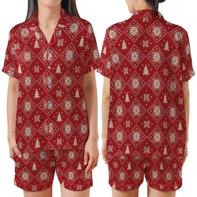 Winter Style Enthusiasts' Deep Red Fair Isle Geometric Diamond Snowflake Reindeer & Tree Pattern Satin Short-Sleeve Pajamas Set