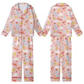 Flower Girl Pink Satin Pajama Set: Whimsical Rocket Sun Chalk Art Design Kid Satin Pajamas Set