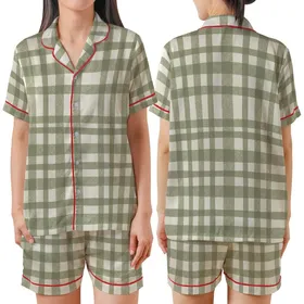 Women's Rustic Khaki Green Plaid Linen Comfort Ensemble Satin Short-Sleeve Pajamas Set