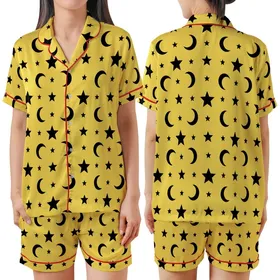 Celestial Enthusiast: Vibrant Lemon Yellow Black Star Moon Seamless Graphic Fashion Accent Satin Short-Sleeve Pajamas Set