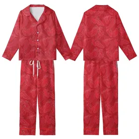 Women's Vibrant Red Ostrich Feather Trim & Plume Pattern Luxurious Sleep Set Kid Satin Pajamas Set