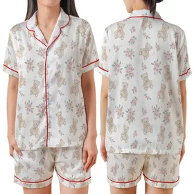 Sweet Style Lovers' Illustrative Classic Teddy Bear Dainty Floral Pale Pink Sage Green Muted Teal Satin Short-Sleeve Pajamas Set