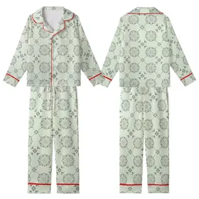 Women's Refined Pale Pistachio Green Black Seamless Interlocking Geometric Botanical Pattern Kid Satin Pajamas Set