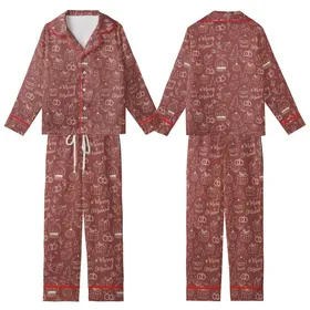 Newlyweds' Whimsical Hand-Drawn Merry & Married Christmas & Wedding Pattern on Muted Brick Red Kid Satin Pajamas Set