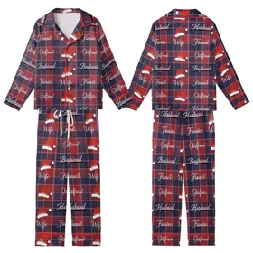 Spouses' Traditional Red Blue Plaid Christmas Design with Husband Wife Script & Santa Hats Kid Satin Pajamas Set