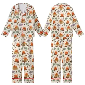 Outdoor Lovers' Whimsical Campfire S'mores Rustic Sage Orange Cream Pattern Kid Satin Pajamas Set