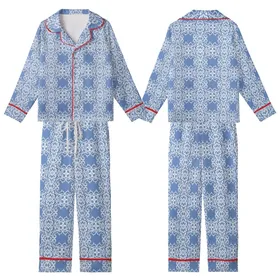 Women's Elegant Dusty Periwinkle Blue White Damask Interlocking Pattern Kid Satin Pajamas Set
