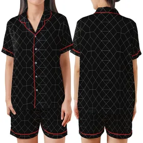 Modern Minimalists' Deep Black Crisp White Geometric Interlocking Grid Pattern Satin Short-Sleeve Pajamas Set