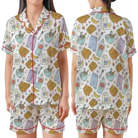 Youthful Enthusiasts' Hand-Drawn Breakfast & Sleepover Seamless Pattern White Pastel Bold Black Outline Satin Short-Sleeve Pajamas Set