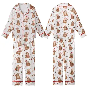 Sloth Lover's Merry Slothmas Sleep Set: All-Over Cartoon Sloth & Santa Hat Polyester Blend Kid Satin Pajamas Set
