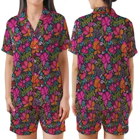 Women's Indian Floral Hand Block Print Cotton Pajama Set: Vibrant Abstract Botanical Nightwear Satin Short-Sleeve Pajamas Set