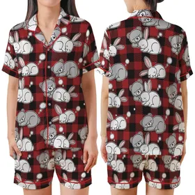 Women's Digital Pajama Sewing Pattern: Buffalo Plaid Bunny Bear Loungewear & Sleepwear Satin Short-Sleeve Pajamas Set