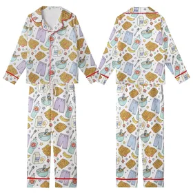 Youthful Enthusiasts' Hand-Drawn Breakfast & Sleepover Seamless Pattern White Pastel Bold Black Outline Kid Satin Pajamas Set