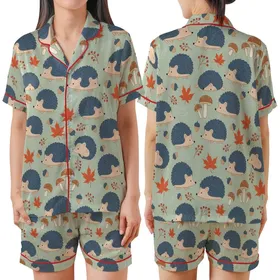 Nature Lovers' Whimsical Hedgehog Orange-Red Maple Leaf Sage Green Pattern Satin Short-Sleeve Pajamas Set