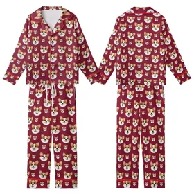 Corgi Lovers' Cheerful Photorealistic Corgi Faces Scattered All-Over Deep Crimson Red Kid Satin Pajamas Set