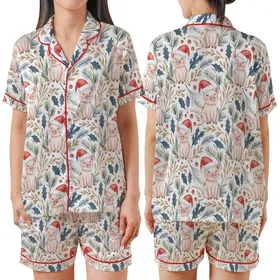 Pig Mom Holiday Pajamas: Hand-Drawn Watercolor Santa Pig & Winter Botanical Sleep Set Satin Short-Sleeve Pajamas Set