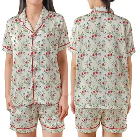 Women's Vintage Pajamas: Delicate Wildflower & Teal Berry Botanical Print Satin Short-Sleeve Pajamas Set