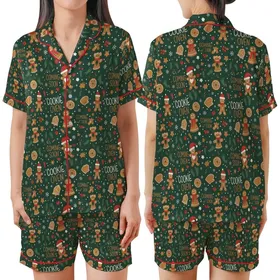 Expecting Parents Christmas Gingerbread Baby Reveal All-Over Pattern Festive Design Satin Short-Sleeve Pajamas Set