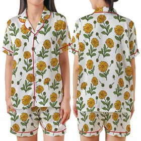 October Celebrants Detailed Marigold Floral Illustration Yellow Orange Green Botanical Print Satin Short-Sleeve Pajamas Set
