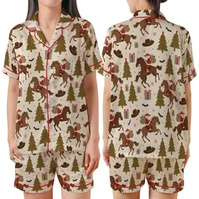 Western Holiday Enthusiast: Rustic Santa Cowboy Horse & Bat Seamless Graphic Print Satin Short-Sleeve Pajamas Set