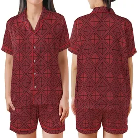 Women's Pure Silk Sleep Set: Burgundy & Crimson Geometric Lattice Loungewear Satin Short-Sleeve Pajamas Set