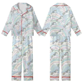 Fantasy Lover's Flat Cartoon Unicorn Pastel Rainbow Seamless Pattern Kid Satin Pajamas Set
