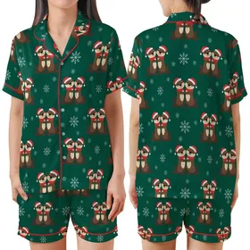Couples Playful Otter Pun Christmas Sleep Set: Santa Hat Otters & Snowflakes - Forest Green Loungewear Satin Short-Sleeve Pajamas Set