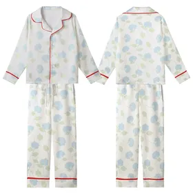 Bridesmaids Hydrangea Floral Notched Collar Rayon Sleep Ensemble - Wedding Party Getting Ready Kid Satin Pajamas Set