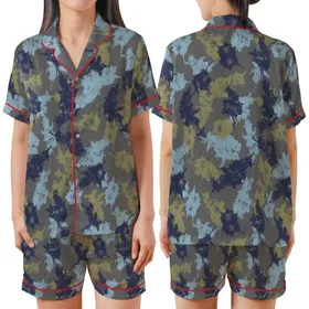 Modern Art Lovers' Abstract Distressed Botanical Painterly Pattern Muted Charcoal Indigo Blue Olive Gold Satin Short-Sleeve Pajamas Set