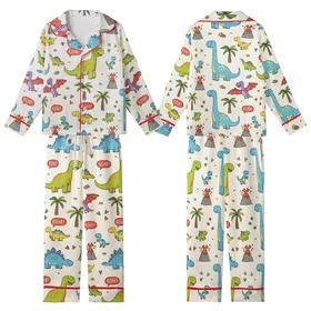 Dinosaur Lovers' Cheerful Cartoon Roar Pattern Bright T-Rex Stegosaurus Brachiosaurus Flat Art Illustration Kid Satin Pajamas Set