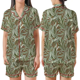Women's Abstract Botanical Leaf Pattern Linen Sleep Set: Serene Organic Sage Green Loungewear Satin Short-Sleeve Pajamas Set