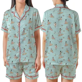 Women's Flat Illustrative Aqua Ocean Surfer Satin 2-Piece Sleep Set Satin Short-Sleeve Pajamas Set