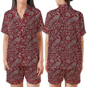 Women's Long Indian Block Print Pajama Set: Crimson Peacock & Botanical Organic Cotton Sleepwear Satin Short-Sleeve Pajamas Set