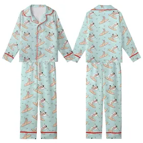 Women's Flat Illustrative Aqua Ocean Surfer Satin 2-Piece Sleep Set Kid Satin Pajamas Set
