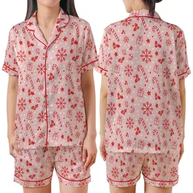 Women's Pastel Pink Candy Cane, Snowflake, & Holly Christmas Loungewear Pajama Set Satin Short-Sleeve Pajamas Set