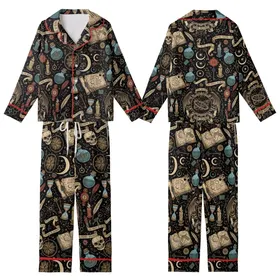 Mystical Art Lovers' Dark Academia Grimoire Celestial Astrolabe Bat Wing Aged Gold Parchment Tan Arcane Pattern Kid Satin Pajamas Set