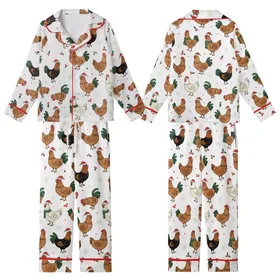 Christmas Enthusiasts' Whimsical Chicken Rooster Red Green Holly Berry Holiday Print Kid Satin Pajamas Set