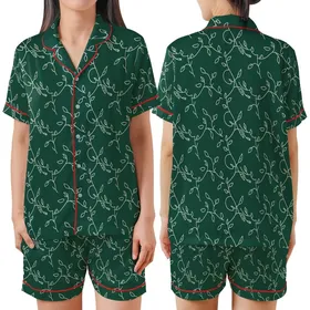 Women's Satin Button-Up Emerald Botanical Pajamas Set - Long Sleeve Sleepwear Satin Short-Sleeve Pajamas Set