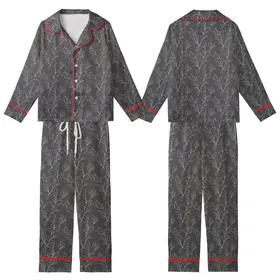 Women's Organic French Linen: Charcoal Abstract Botanical Print - Relaxed Fit Lounge Set Kid Satin Pajamas Set