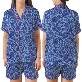 Women's Vintage Chinoiserie Indigo Cobalt Blue Peony Vine Floral Tapestry Satin Short-Sleeve Pajamas Set